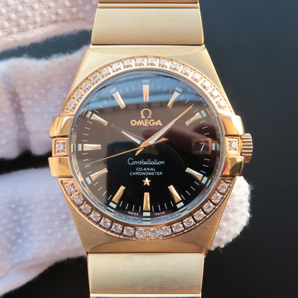 欧米茄星座系列123.20.35精钢镀18k黄金表链表壳黑面机械男士手表