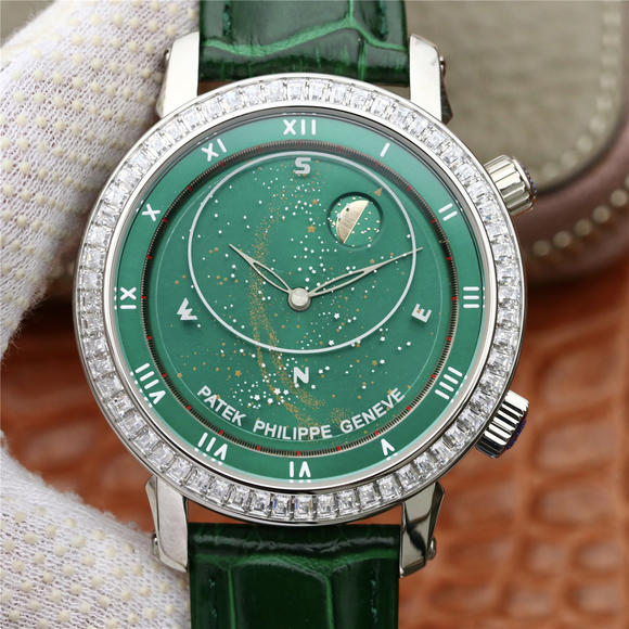 百达翡丽升级版星空5102绿色面，珍珠陀 皮表带 自动机械男士腕表