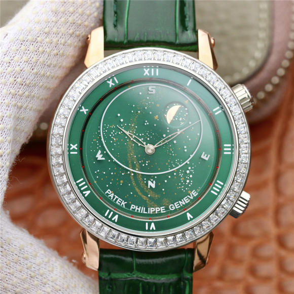 百达翡丽升级版星空5102绿色面，珍珠陀 皮表带 自动机械男士腕表