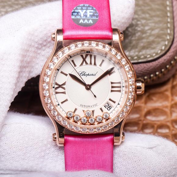 YF萧邦快乐钻278559-3003腕表,镶钻玫瑰金女士机械手表,绢丝表带
