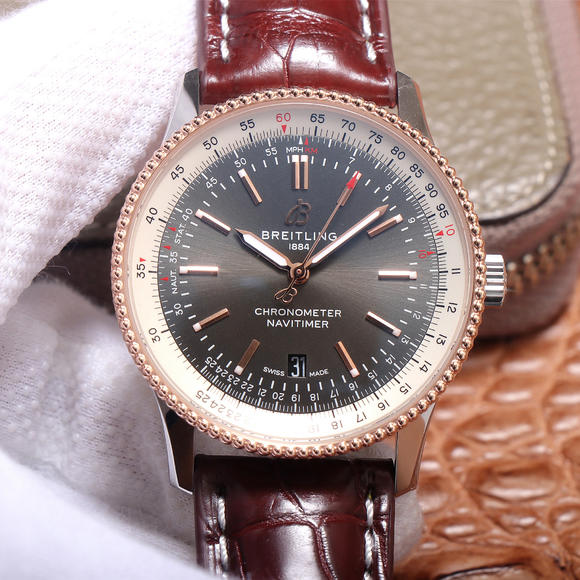 TF百年灵航空计时新款41mm,男士计时机械手表,玫瑰金,皮带表