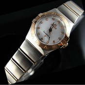 瑞士欧米茄OMEGA星座石英双鹰18K玫瑰金超薄女表白面钻石刻度女士手表