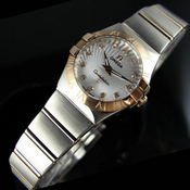 瑞士欧米茄OMEGA星座石英双鹰18K玫瑰金超薄女表太阳纹白面女士手表